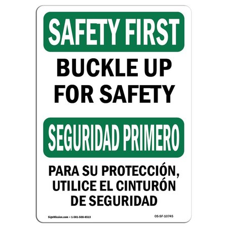 SIGNMISSION OSHA SAFETY FIRST, Buckle Up For Safety Bilingual, 5in X 3.5in Decal, 10PK, OS-SF-D-35-L-10745-10PK OS-SF-D-35-L-10745-10PK